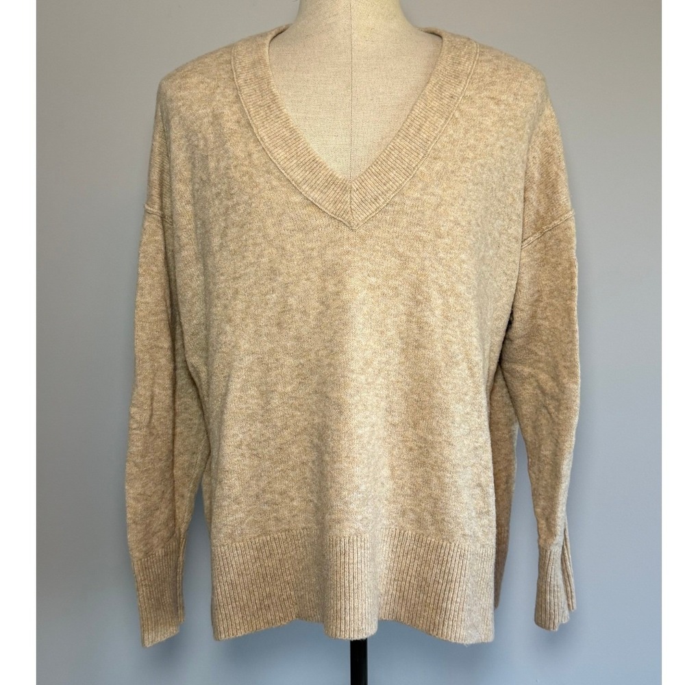 Aerie Womens V-Neck Sweater Tan Beige Heather Knit Oversized Pullover Large